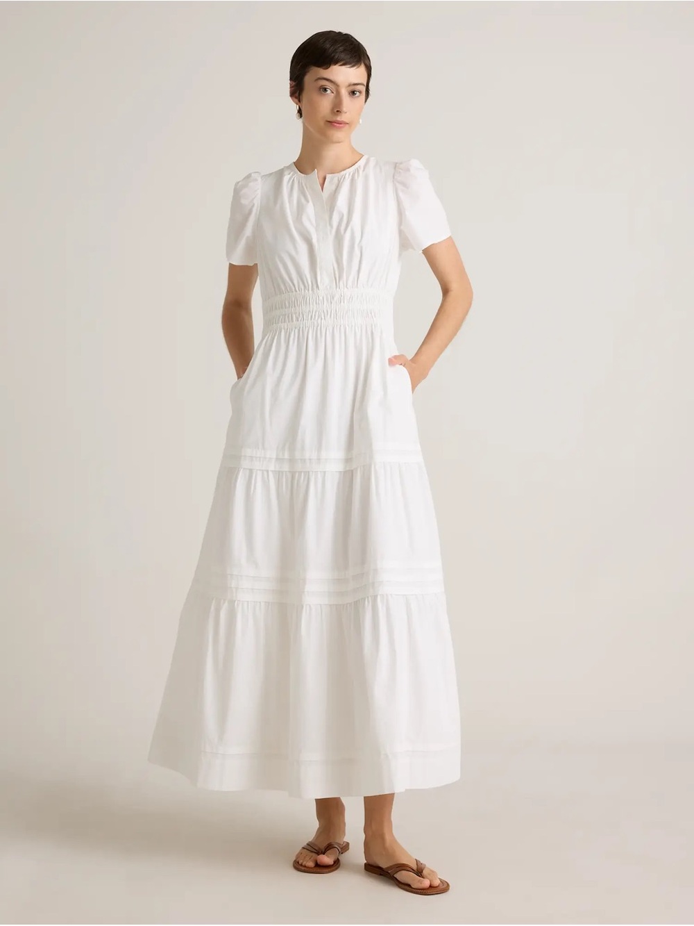 Quince White Tiered Smocked-Waist Maxi Dress
